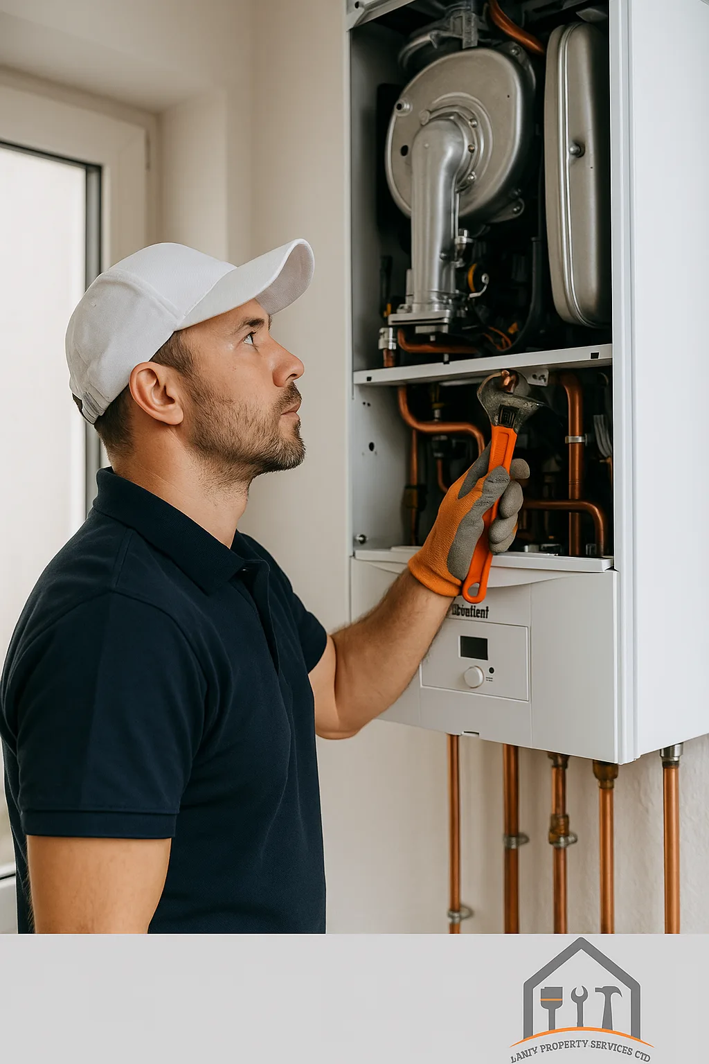 Professional property maintenance in London – Laney Property Services technician performing routine boiler service